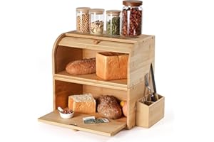 GUUSII HOME Chlebnik Drewniany Duży Retro Eco Chlebnik Pokrywa rolki Dwuwarstwowy pojemnik na chleb z możliwością układania w stosy 38x25x36cm Naturalny bambus Zachowuje świeżość i smak