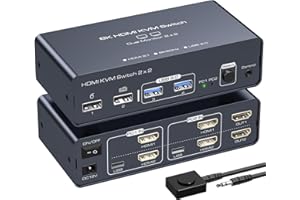 VEDINDUST KVM Switch 2 PC 2 Monitore 8K 60Hz Aluminium USB C HDMI Gemeinsame 4 USB-Geräte unterstützen Kopieren und Erweiterung Mit Desktop Steuerung
