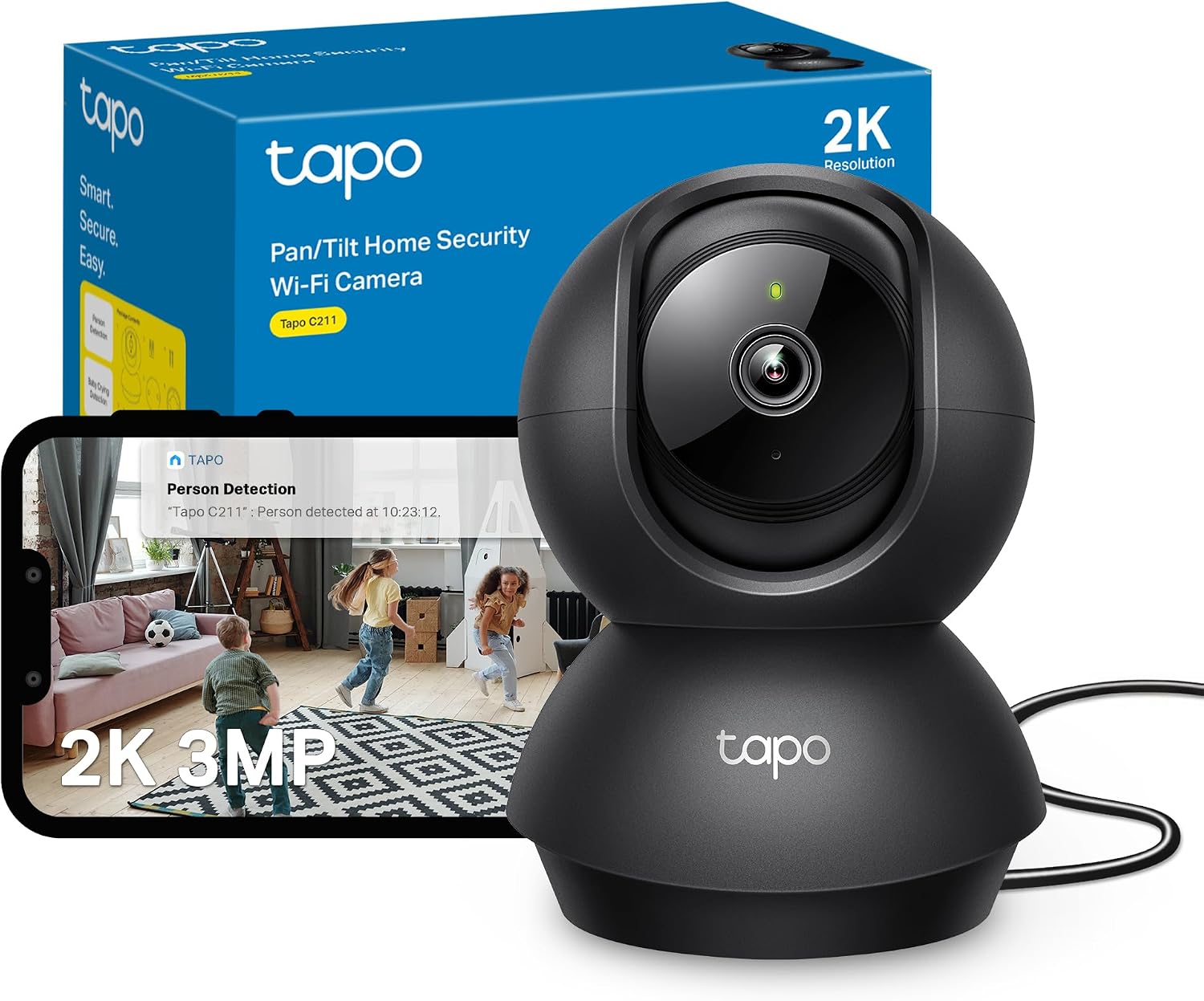 Tapo C211 2K 3MP Pan/Tilt Indoor Camera House Security Camera, WiFi Camera, No Monthly Fee, AI Detection, Dog Camera, Baby Camera Monitor, CCTV, 360° View, Night Vision, Works with Alexa & Google