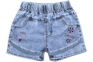 Peacolate 4-11Years Little&Big Girls Summer Denim Shorts Elastic Waistband Flower Embroidery Ripped Jeans