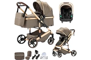 BEBBY Kinderwagen 3 in 1,Kinderwagen Buggy Mit Babyschale,Mit Höhenverstellbarer buggy Komplettset Faltbare tragbare,Buggys Mit Aluminiumrahmen für Neugeborene 0 bis 4 Jahre (H9-BROWN, H9)