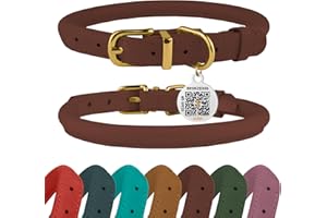 BRONZEDOG Rolled Leather Dog Collar with QR ID Tag Adjustable Soft Round Collars for Small Medium Large Dogs Puppy Cat (Cognac Brown, 35-41 cm)