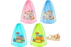 BOXOB 4pz Sacchetti Giocattoli Spiaggia, 55x36,5cm Grande capacità Rete con Chiusura a Coulisse Zaini Portaoggetti Raccogliere Conchiglie per Contenere Asciugamani e Articoli Essenziali Spiaggia