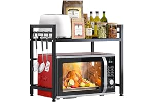 SKY-TOUCH Microwave Oven Rack, Expandable Microwave Stand with 6 Hooks, Kitchen Utensils Tableware Storage for Kitchen Dining Room