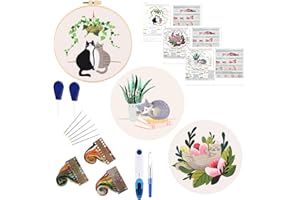 W Rxkiocs Embroidery Kit Ricamo Principianti Set Ricamo Starter Ricamo Kit di Strumenti per il Ricamo del Disegno del Gatto con Cerchio da Ricamo Regolabile Ago da Ricamo Filo da Ricamo Colorato