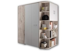 ‎STELLA TRADING Stella Trading CORNER Begehbarer Eckkleiderschrank für Kinder- & Jugendzimmer - Großer Kleiderschrank mit viel Stauraum in Sandeiche Optik, weiß - 146 x 198 x 133 cm (B/H/T)