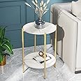 Gold End Tables 2 Tier Small Round Side Table Sintered Stone Bedsides Tables Marble End Table with Luxury Gold Frame Nordic Narrow Table,Corner Plant Table Sofa Side Table for Home,Office