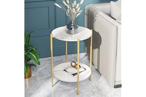 FATIVO Złote stoliki końcowe, 2-poziomowy, mały, okrągły stolik pomocniczy, kamień spiekany, marmur, z luksusową złotą ramą, nordycki wąski narożnik, roślina do domu, biura