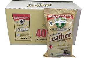 Green Shield Leather Surface Cleaning Wipes: 840 Bulk Wipes in a Retail Display Box (12x70 Packs, Unscented, Clear)