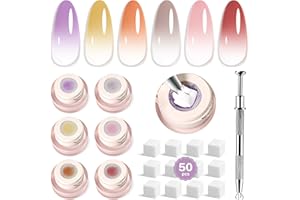 JODSONE Gel Ombré à Tamponner - Coffret de 6 Couleurs avec Stylo Manucure et 50 Éponges - Gel pour Ombrage et Art de l'ongle