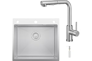 CECIPA 54 x 49 cm diskbänk i rostfritt stål med L utdragbar köksblandare, kökshandfat 1 badkar med tvåldispenser för 60 cm