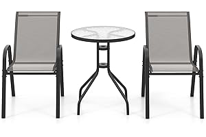 GIANTEX Conjunto de Muebles de Jardín 3 Piezas, 2 Sillas de Tejido Transpirable y 1 Mesa de Café con Tablero de Vidrio, Sillas Apilables, Marco de Metal, Juego de Bistró para Patio, Balcón (Gris)