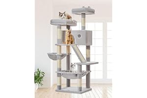 Taoqimiao Cat Tree, 146cm Cat Tower for Indoor Cats Large Cats, Multi-level Cat Climbing Tower, 8 Sisal Scratching Posts, Metal Frame Cozy Hammock, Scratch Board, 2 Top Perches, Light Gray MS026W