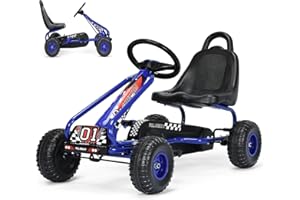 SOARS Kart Pedales para Niños de +3 Años, Kart con Asientos Regulable en 2 Posiciones y 4 Ruedas Antideslizantes, Marcha Adelante y Atrás, Kart con Freno de Mano, Carga Máxima 30kg (Azul)