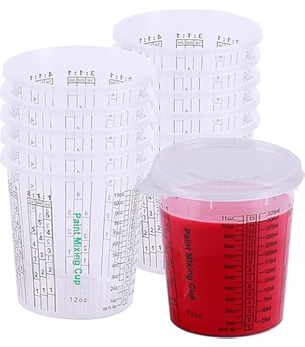 BenBow Professionele maatbeker 100 x 385 ml met 12x deksel met veelzijdige schaalverdeling - beker met schaal mengbeker lakmengbeker maatbeker lakbeker wegwerpmengbeker