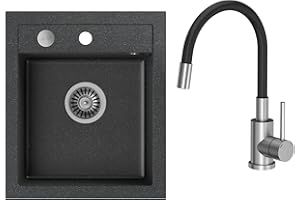 VBChome Fregadero de granito de 43 x 50 cm, para empotrar en una sola palanca, con sifón y grifo monomando