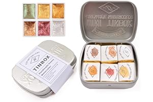 CSY ART GALLERY Csy Art Supplies Lot de 6 peintures aquarelles faites à la main – 6 demi-godets dorés métallisés à paillettes couleur eau solide – Boîtier en métal brillant aquarelle nacrée pour artistes, étudiants