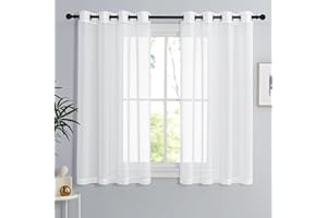 PONY DANCE Krótka zasłona - białe przezroczyste zasłony szer. 140 x wys. 114 do dekoracji małych okien kuchnia dom sypialnia drzwi roleta z oczkami półprzezroczysta, 2 panele