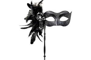 MYSEUNI 2024 New Masquerade Mask for Women with Stick - Shiny Women's Feather Mardi Gras Venetian Mask for Costume Accessory