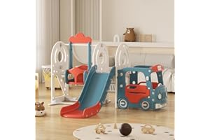 VUECER Tobogán para Niños Pequeños con Escalera: Zona de Juegos Interior y Exterior con Caja de Almacenamiento Túnel Escalera Aro de Baloncesto y Zona de Paso Tobogán de Jardín (Bus Set-H-Red)