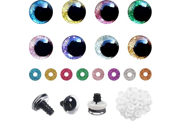 TOAOB 64 Set Yeux de Sécurité Ronds en Plastique de Poupée en Paillettes Nontissés 8 Couleurs 14 mm avec Rondelles pour Marionnettes Artisanat Animaux en Peluche Poupée
