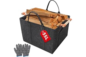 WJMY Panier à bois carré - 55 l (42 x 40 x 30 cm) - Panier pliable - Poignée en bois et gants - Feutre extra épais