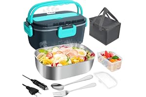 Gentre Fiambrera Electrica 4 en 1 12V/24V/220V~240V Calentador de Comida Portatil con Termo para Coche Camión y Trabajo 1.5L 60W en Acero Inoxidable con Tartera Bolsa Térmica y Juego de Cubiertos