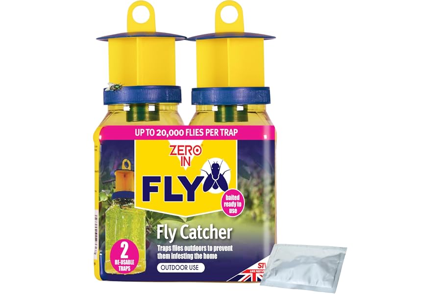 Zero In Outdoor Fly Trap - Ready-Baited Fly Catcher, Twin Pack - Non-Toxic, Insect Trap to Attract & Trap Bugs - Suitable for