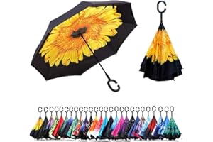 NNY Inc Double Layer Inverted Umbrella Cars Reverse Open Folding Umbrellas, Windproof UV Protection Large Self Stand Upside Down Straight Umbrella for Golf Women and Men with C-Shaped