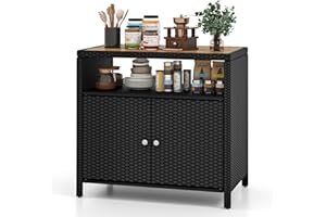 ‎KOMFOTTEU KOMFOTTEU Gartenschrank aus Rattan, Aufbewahrungsschrank Sideboard mit Arbeitsplatte aus Akazienholz, Garten Schuppen mit Doppeltüren, Rattanschrank 90 x 53 x 86 cm (Schwarz)