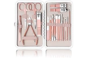 Sadodo Professional 18PCS Pedicure Manicure Set,Portable with Leather Travel Case,Nail Clippers, Grooming Kit Cuticle Remover,Women Manicure Pedicure Tools,Rose Gold