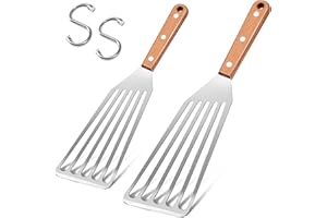 Joyfair Fish Spatula, Stainless Steel Fish Turner with Wooden Handle, Metal Slotted Spatula Turner for Cooking/Flipping/Frying Egg Patties Fries Pancake Steak, 2 Size & 2 Pothooks, Rust Resistant