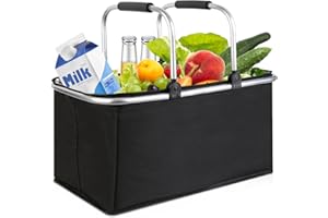 AOKLEY kühlkorb einkaufskorb 30L,Mit Reißverschluss isolierter, Faltbarer Picknickkorb,Klapprahmen aus Aluminiumlegierung mit Griff, gepolsterte Stützstange,für Picknicks im Freien, Einkaufen und Reisen