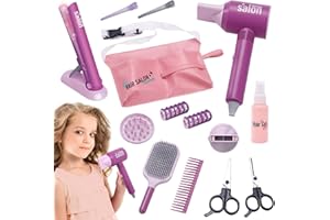 DAZZTIME Ensemble de Salon de Beauté pour Filles,14 Pièces Jouets de Salon de Coiffure pour Filles,Mode Jeu de Simulation de Coiffeur avec Sèche-Cheveux,pour 3 Ans Enfants.