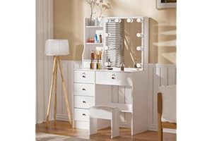 LIANWANG Hollywood Vanity Set, Makeup Table with Lockable Drawers and 6 Display Shleves, Sliding Mirror, 3 Color Light Settings, Dressing Desk with Stool for Home and Bedroom