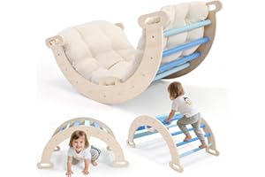 HELANGEL 2-in-1 Toddler Climbing Frame with Armrests, Wooden Arch Climber Ladder with Cushion, Natural Wood, Non-Slip Foot Mat, Pole Reinforcements, Baby Climbing Arch for 1-6 Years (Semi-cir-w/armrest-blue)