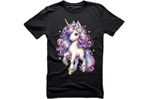 CORILEO Kinder T-Shirt Schwarz mit Sweet Einhorn Spielshirt Kindershirt Pferd Bunt Regenbogen