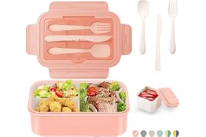 LUZOON Lunch Box, 1400Ml Bento Box Fiambrera Infantil y Adultos con 3 Compartimentos y Cubiertos Caja de Almuerzo de Plástico Caja de Alimentos sin BPA, Para microondas(Rosa+Recipientes para Salsas)