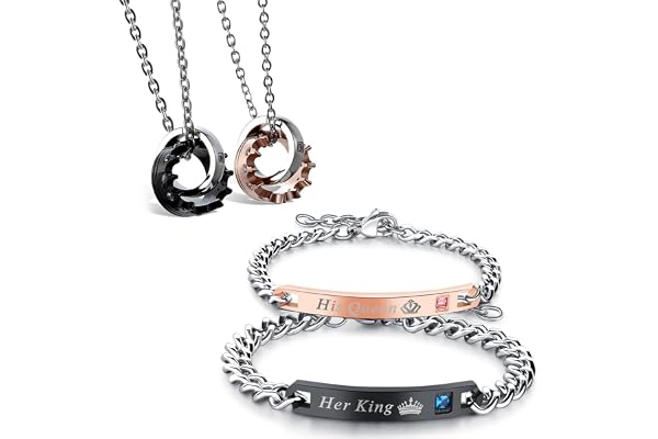 Flongo Paar-Schmuckset Partner Armbänder + Partner Halsketten paar geschenke Edelstahl-Halskette und -Armband mit Gravur Halskette mit Ring Geschenke für Jahrestage, Valentinstage, Geburtstage