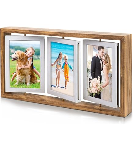 Cadre Photo Triple 10x15cm Pliable Bois - Support Bureau Verre - Argenté - 3 Photos 4x6