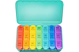 ZOKSI Pillenbox 7 Tage 3 Fächer, Tablettenbox 7 Tage Morgens Mittags Abends, Deutsch Pillendose 7 Tage für Eine Woche Pillendose, 21 Fächer Medikamentenbox (Cyan)