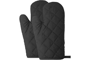 BuxiuGK 2 Piezas(1 par) Manoplas Horno,Resistentes al Calor hasta 250°C,Longitud Total 27 cm,Guantes para cocinar Algodón para Horneando Barbacoa Microonda Cocinando Pizza Pastel,Negro