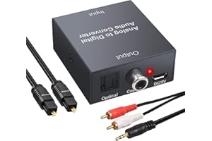 PROZOR Konwerter RCA na optyczny analogowy na cyfrowy konwerter audio 2RCA na Toslink SPDIF optyczny konwerter ADC z kablem audio stereo, kabel optyczny do odtwarzacza DVD TV Blu-ray