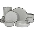 Gibson Elite Gelston Stoneware Matte Reactive Glaze 16 Piece (Service for 4) Plates and Bowl Dinnerware Set - Grey