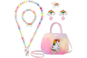 Hifot Unicorno Peluche Borsa Bambina con Set Gioielli, Unicorno Collana Bracciale Orecchini Anelli Anello, Principessa Kit Gioielli Forniture per Feste Accessori