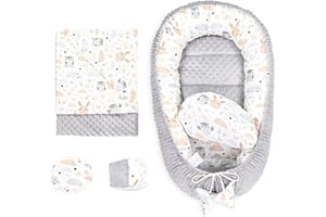 ‎TOTSY BABY Babynestchen Set Neugeborene 90x50 cm Minky - Kuschelnest Baby Nestchen 5-teilig Kokon Eule Hellgrau