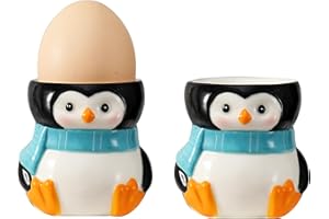 WW STYLE Lot de 2 coquetiers en céramique de qualité supérieure - Design Pingouin Mignon - Porcelaine - Support à œufs - Décoration - Cadeau de Noël - Anniversaire - Famille - Amis - Enfants