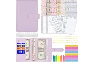 MARICATO Enveloppe Budget, A6 Classeur Budget, 6 Anneaux Classeur Budget Francais avec Dégager Poches Zippées, Feuilles de Budget, Étiquettes, Catégorie Autocollants, Stockage Cartes, Règle-Violet