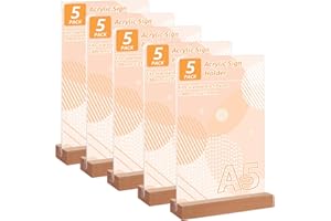 LDHHYH 5 Pièces Presentoir A5 Acrylique avec Base en Bois, Porte Menu A5 T-Standard, Présentoirs de table A5,Présentoir de Table en Acrylique A5, Porte Menu Transparente Acrylique pour Menu Mariage, Café