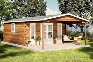 ‎ALPHOLZ Alpholz Gartenhaus Nyborg-44 aus Massiv-Holz | Gerätehaus mit 44 mm Wandstärke | Garten Holzhaus inklusive Montagematerial | Geräteschuppen Größe: 500 x 800 cm | Satteldach Natur